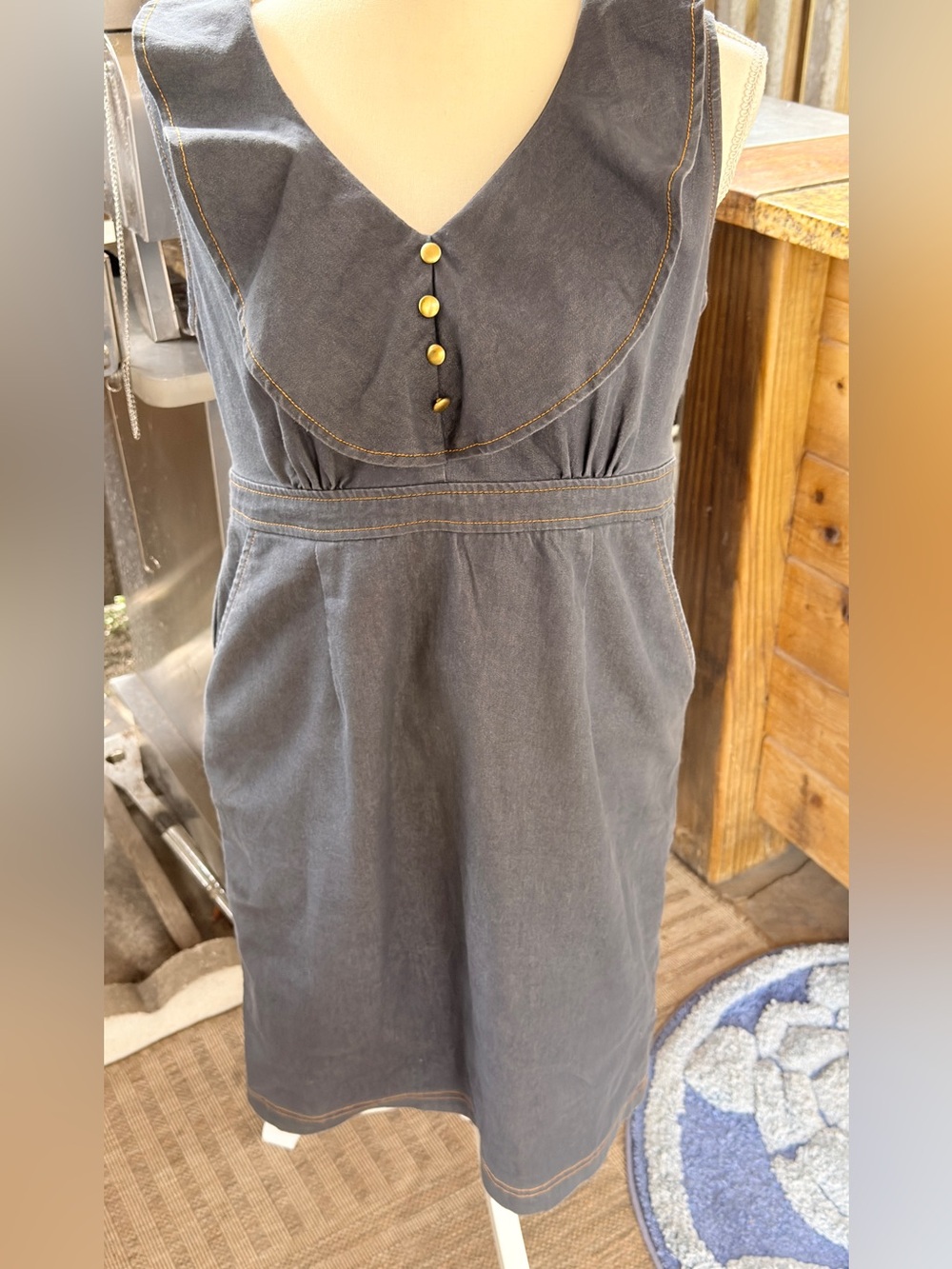 Emma & Michele Grey Denim Sleeveless Dress with Gold Buttons